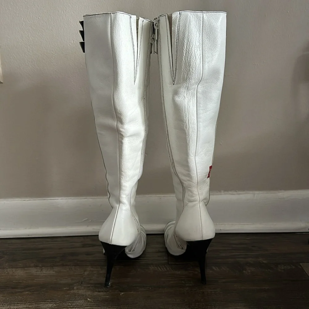 Miss Sixty White Tall Leather Boots with Black Trim